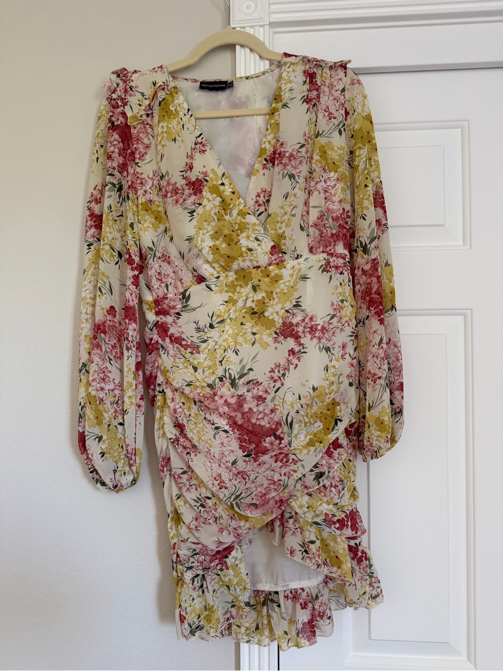 PrettyLittleThing Cream Floral Wrap Mini Dress with Pink & Yellow Blooms